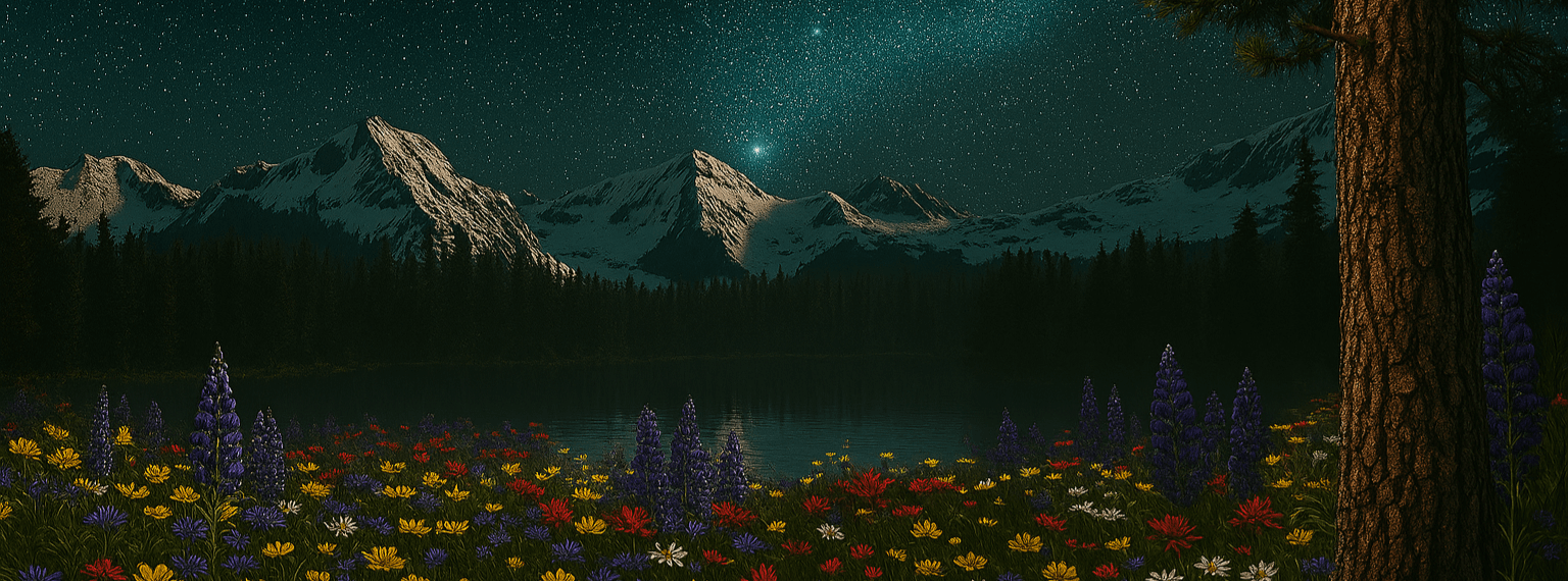 Scenic mountain ridge at twilight with wildflowers