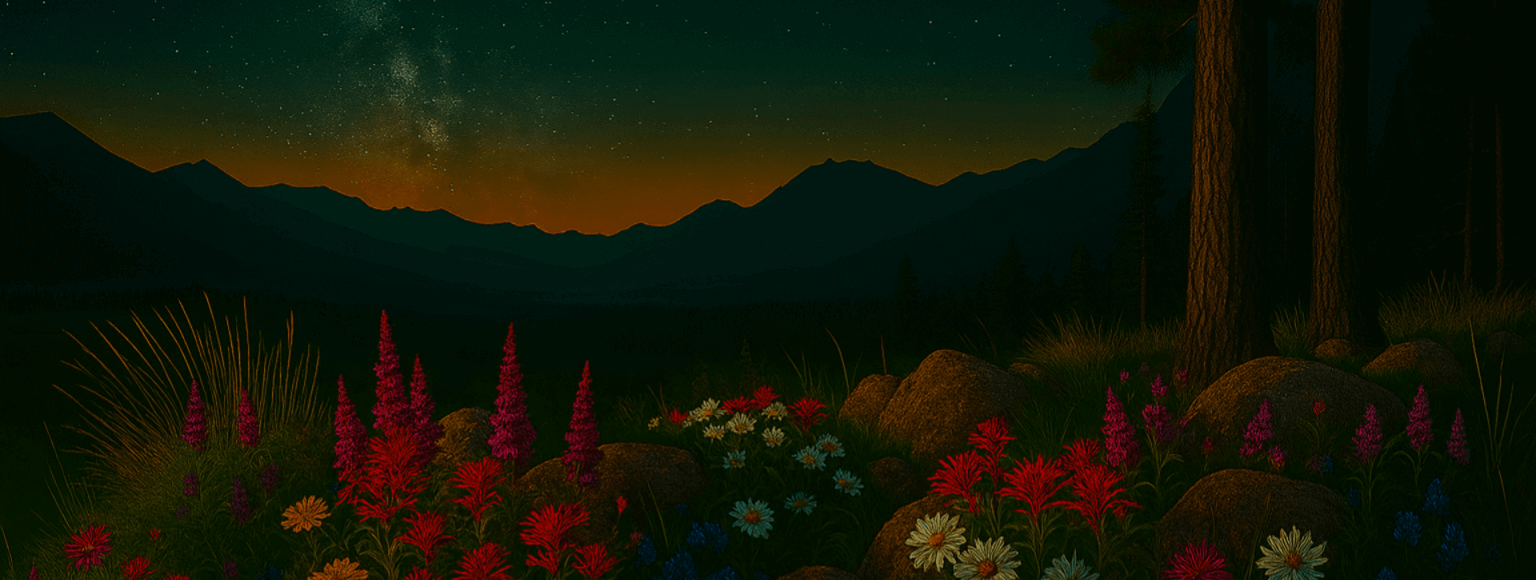 Scenic mountain ridge at twilight with wildflowers